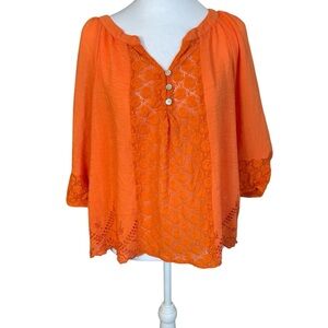 Fig & Flower Womens Boho Peasant Top Orange 3/4 Sleeve‎ Lace Eyelet Lightweight